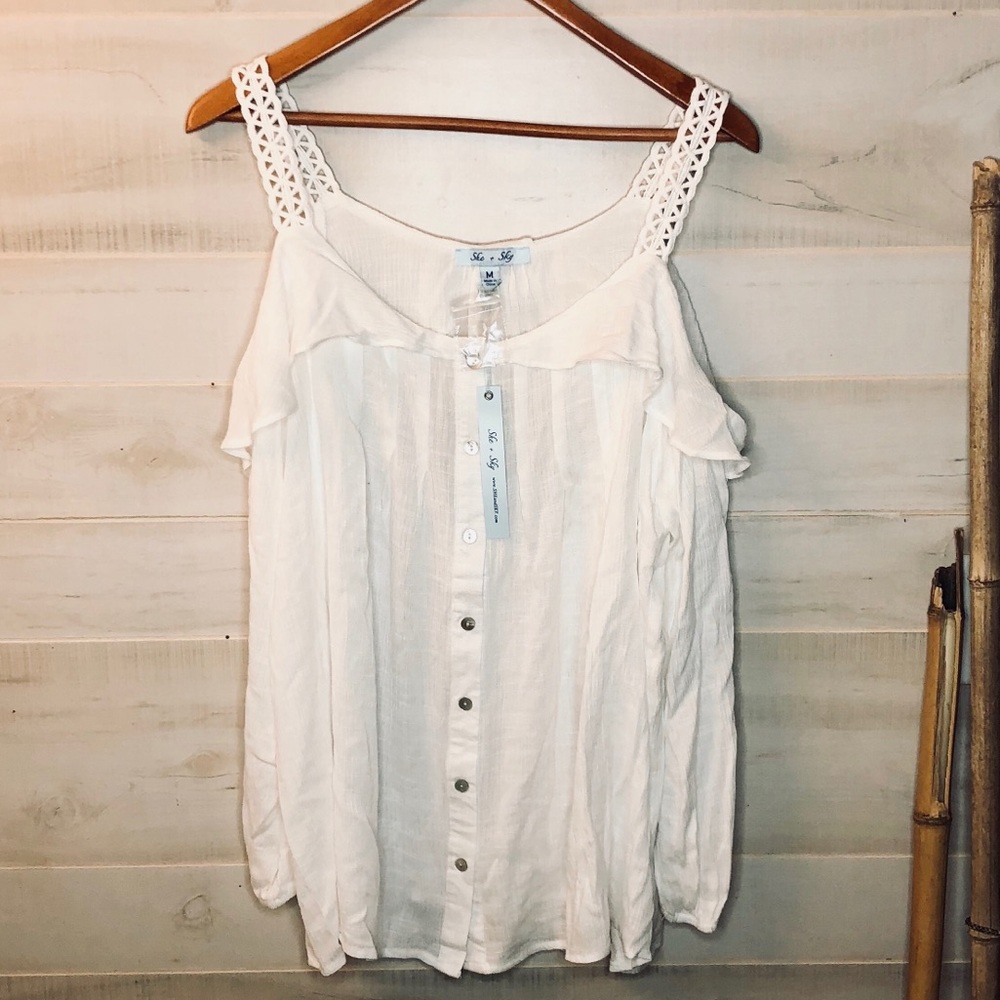 She and Sky Cold Shoulder White Button Down Medium